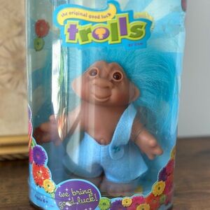 New in Box Vintage Trolls Doll with Bright Blue Hair and Outfit 2005